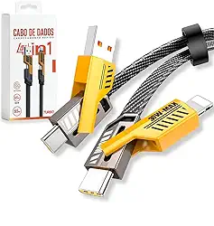 Cabo Carregador 4 em 1 65W Turbo Reforçado 1m Nylon Trançado Carregamento Rápido Compatível iPhone Android MacBook Tablet Notebook