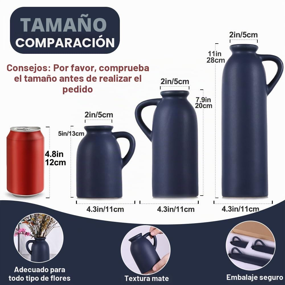 Jarrones de Cerámica Azul Juego de 3 - Boho Moderno Azul Marino Centros de Mesa y Floreros para Sala, Cocina, Manto, Dormitorio, Mesa de Comedor, Oficina, Casa de Campo, Centros de Mesa
