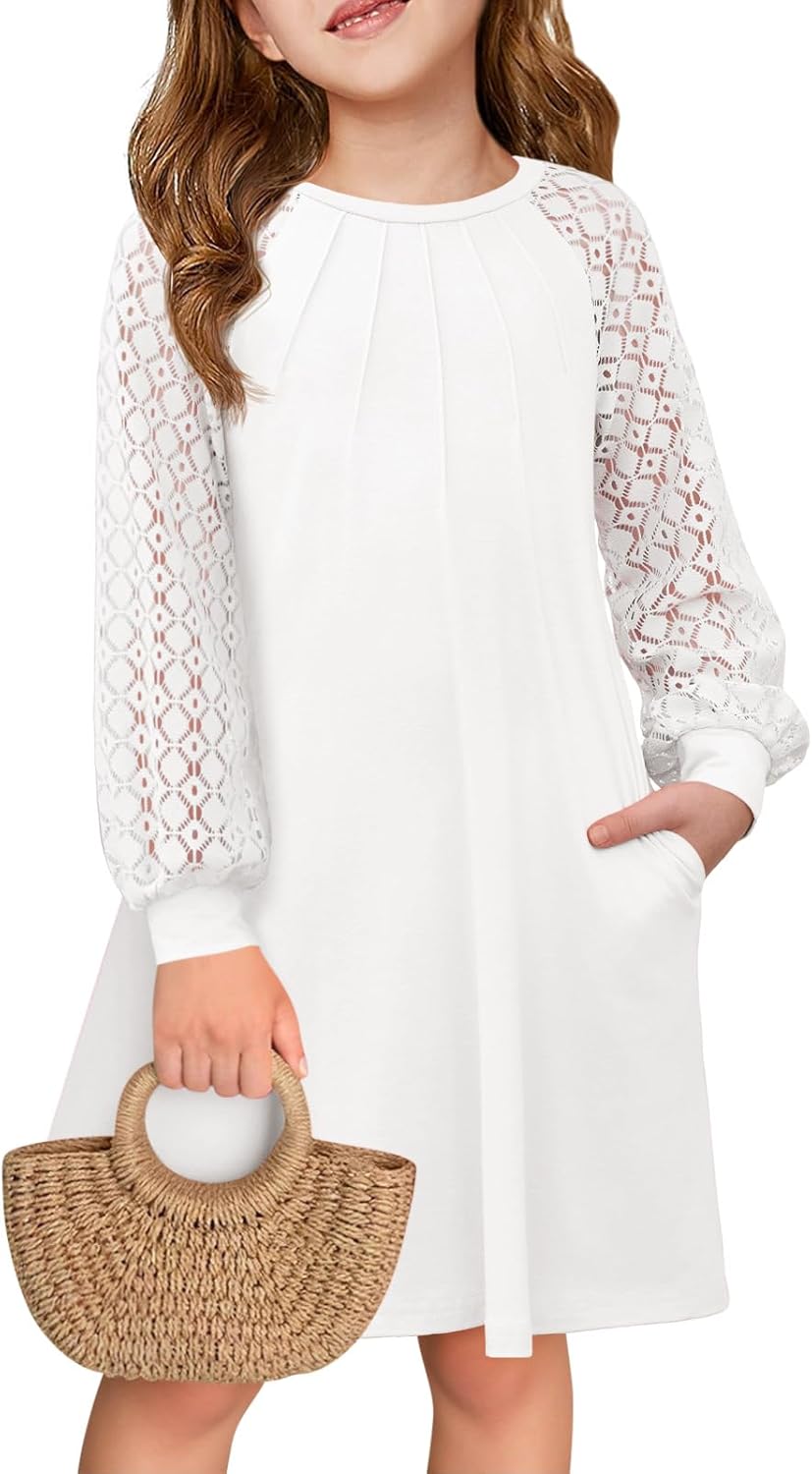 Haloumoning Girls Contrast Lace Long Sleeve Dress Kids Casual Pleated A Line Short Dresses with Pockets 5-14 Years