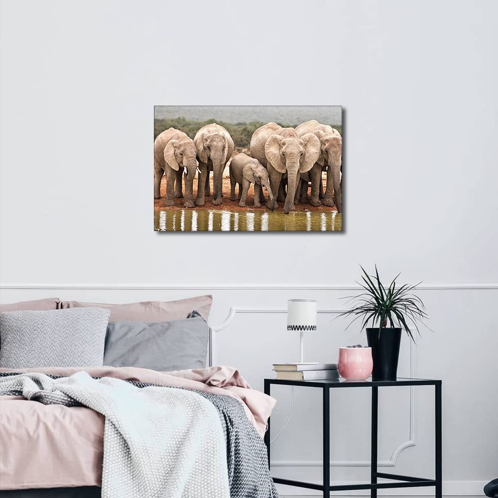 Canvas Wall Art Wild Animals Picture Artwork for Bedroom Wall Decorations for Kid's Room Living Room Hang Pictures Wall Artwork(16x24in-Wild Elephants Drinking by the River - Image 2
