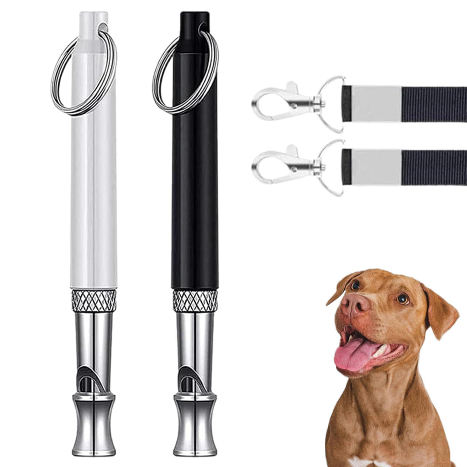 Lot de 2 sifflets de rappel pour chien à ultrasons anti-aboiement silencieux, réglable, avec cordon (1 noir + 1 blanc)