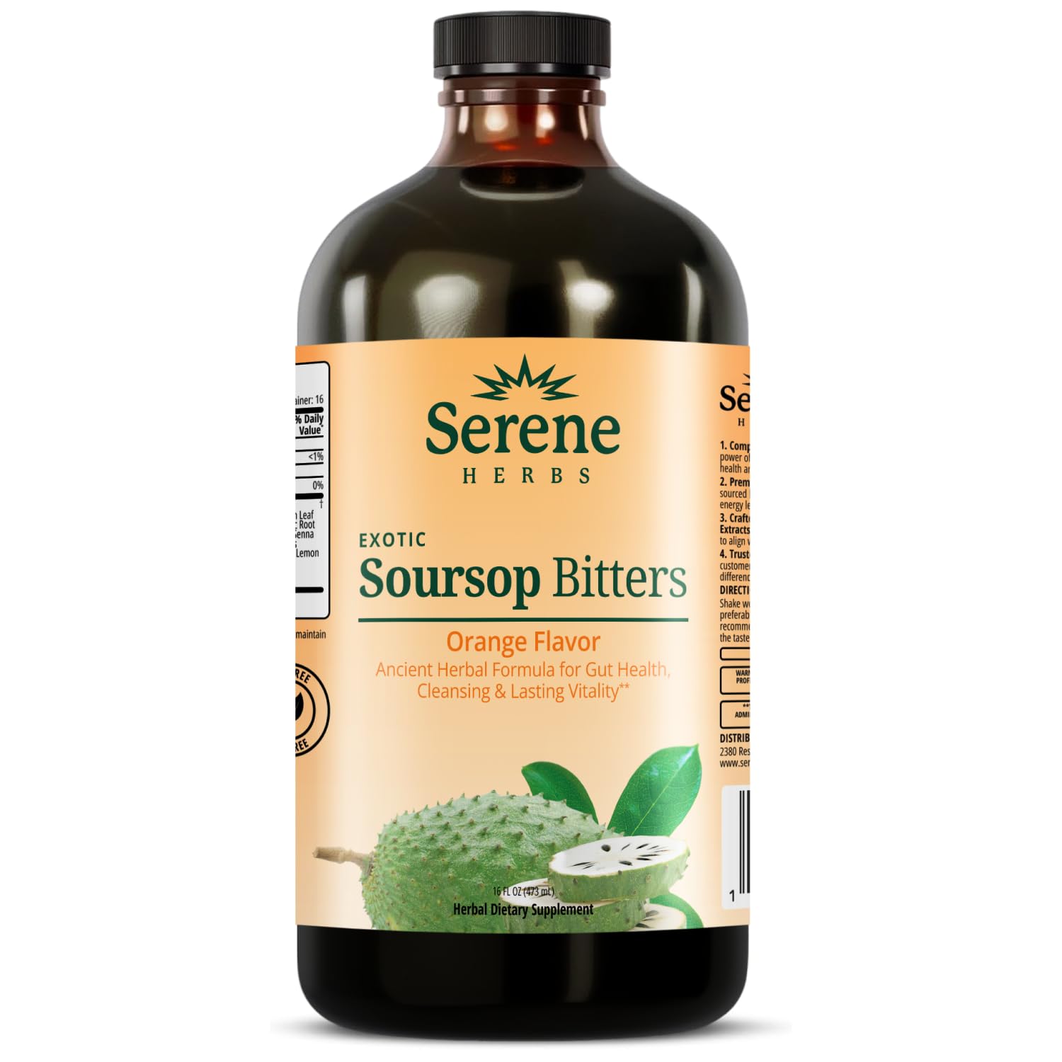 Serene Herbs Soursop Bitters Liquid – Organic Herbal Sour SOP Guanabana with Black Seed, Moringa, Irish Moss & Ginger – Gut Support, Energy & Immune Boost – Vegan, Non-GMO – Orange Flavor – 16 oz