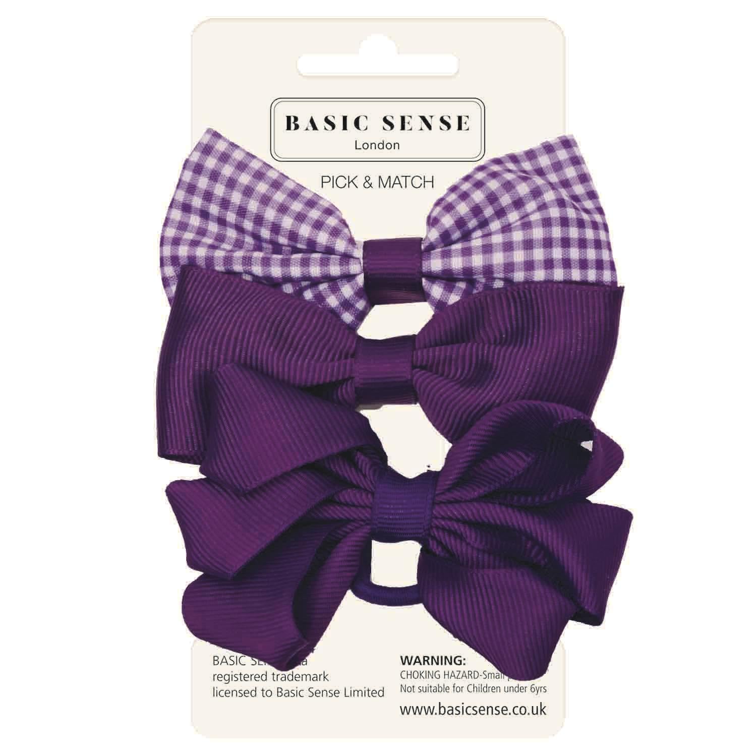 Basic Sense School Bow Hair Clips and Elastic Plain & Gingham Set - Accessories for Girls Purple, 3 count (Pack of 1)