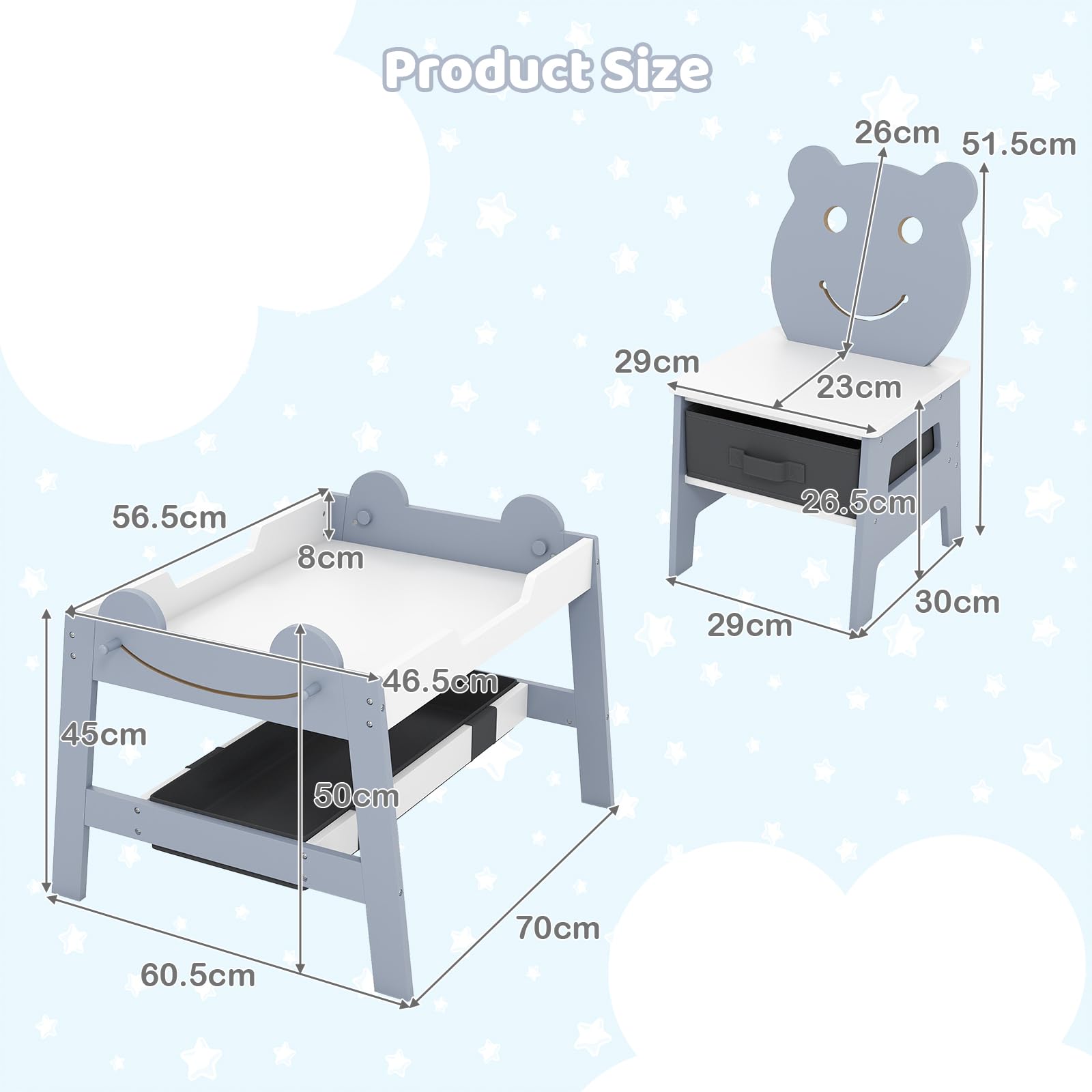 LIFEZEAL Tavolo Bambini con 2 Sediel, Tavolino Legno 5 in 1 con Piano Reversibile Lavagna/Bianco, 4 Ganci, 2 Cassetto in Tessuto, 1 Contenitori, per 3 Anni+ (Grigio, 70 x 60,5 x 50 cm)