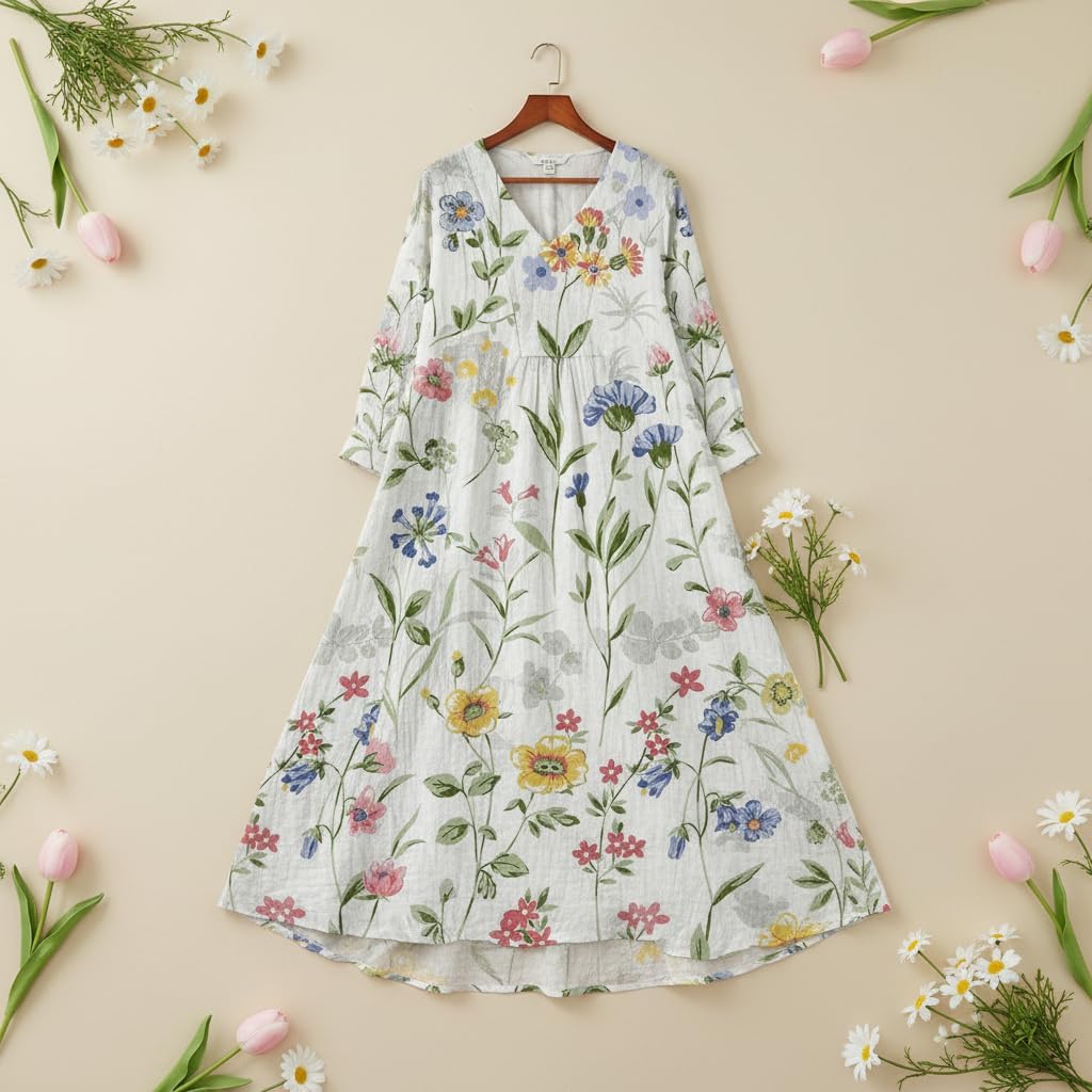 Akivide Women's V Neck Boho Floral Linen Maxi Dress Casual Plus Size Long Sleeve Beach Vacation Tunic Dresses with Pockets - Image 4