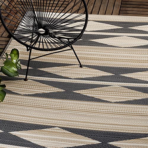 Fab Habitat Geometric Neutral Tribal Outdoor Rug - Waterproof, Fade Resistant, Crease-Free, Reversible - Premium Recycled Plastic - Patio Porch Balcony Deck - Cairo NaturalBlack - 8x10 ft