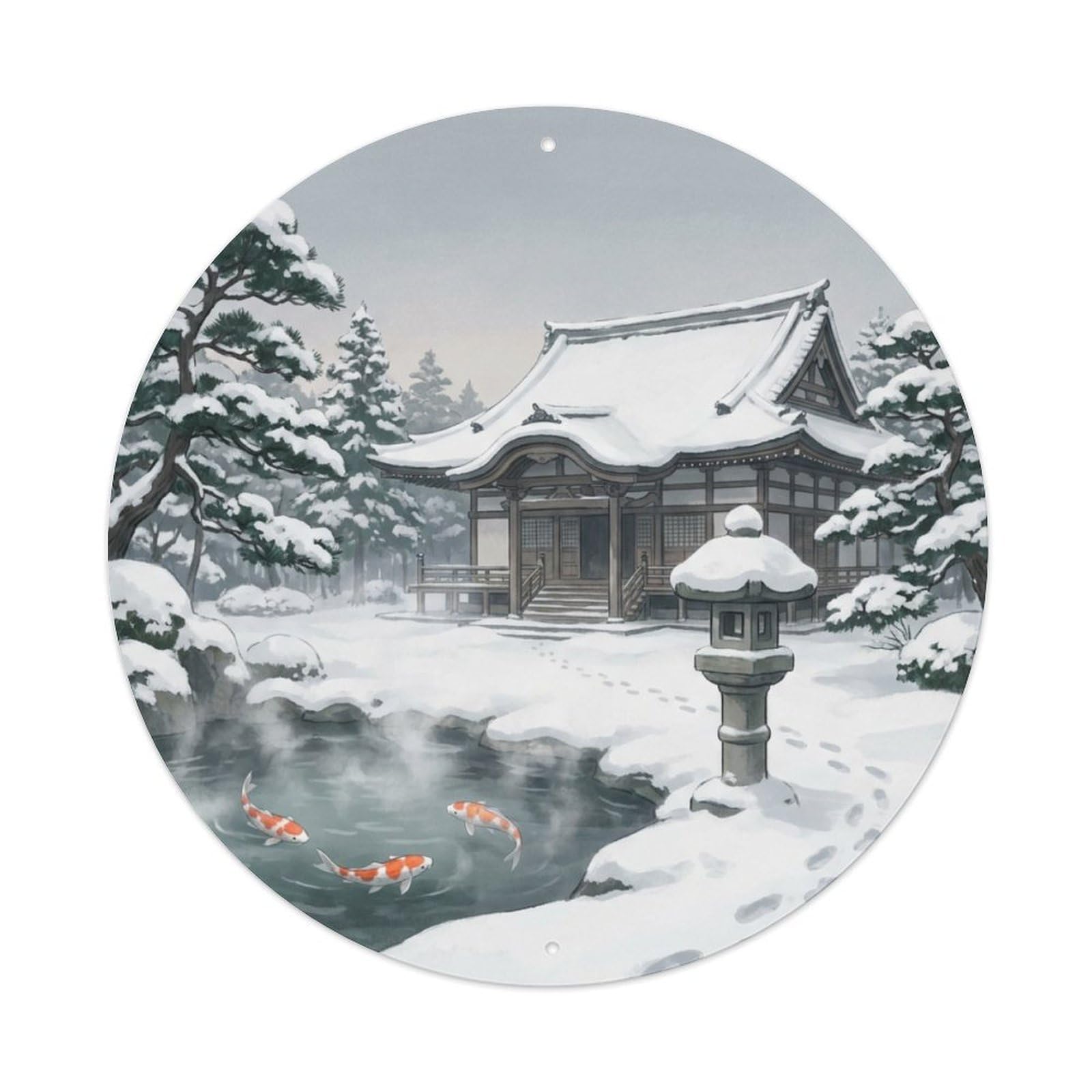 Galvaxio Style Japanese Koi Fish Snow Temple Quiet Winter Metal Tin Sign