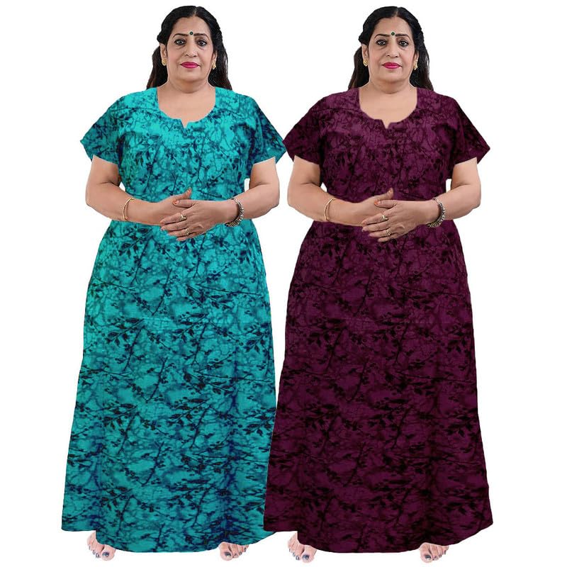 Women Casual Floral Printed Multicolor Night Wear Gown/Free Size Nighty/Cotton Nighty Pack of 2_Jumbo-NT1004-Free-picture-11