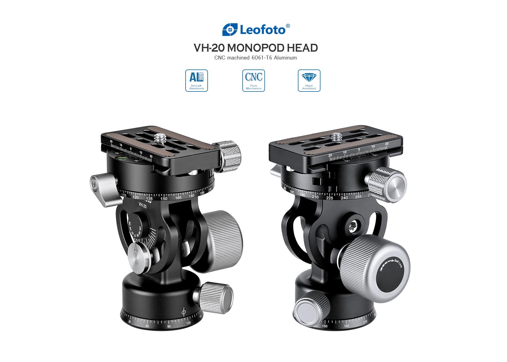 Leofoto - Tête de Monopode - Se Monte sur des plaques de trépieds de 48 mm de diamètre avec Une Connexion filetée 3/8" - Poids de Charge: 12 kg - VH-20