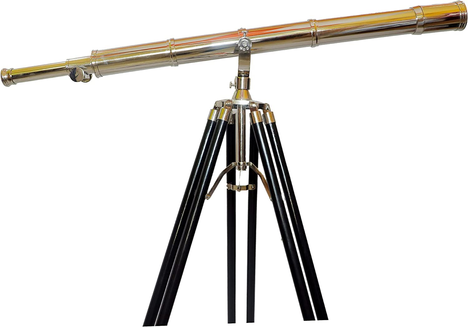 Nautical Nickel Handmade Telescope with Black Wooden Tripod Telescope Chrome Finish