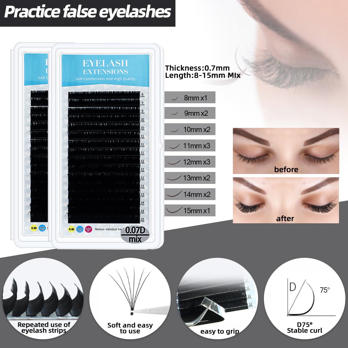 Lash Extension Kit Professional Eyelash Extensions Supplies Training for Beginners Mannequin Head Grafting Lash USB Fan Lash Shampoo Brush Spraye 0.07D Curl Mix 8-15mm Practice Eyelash Strips