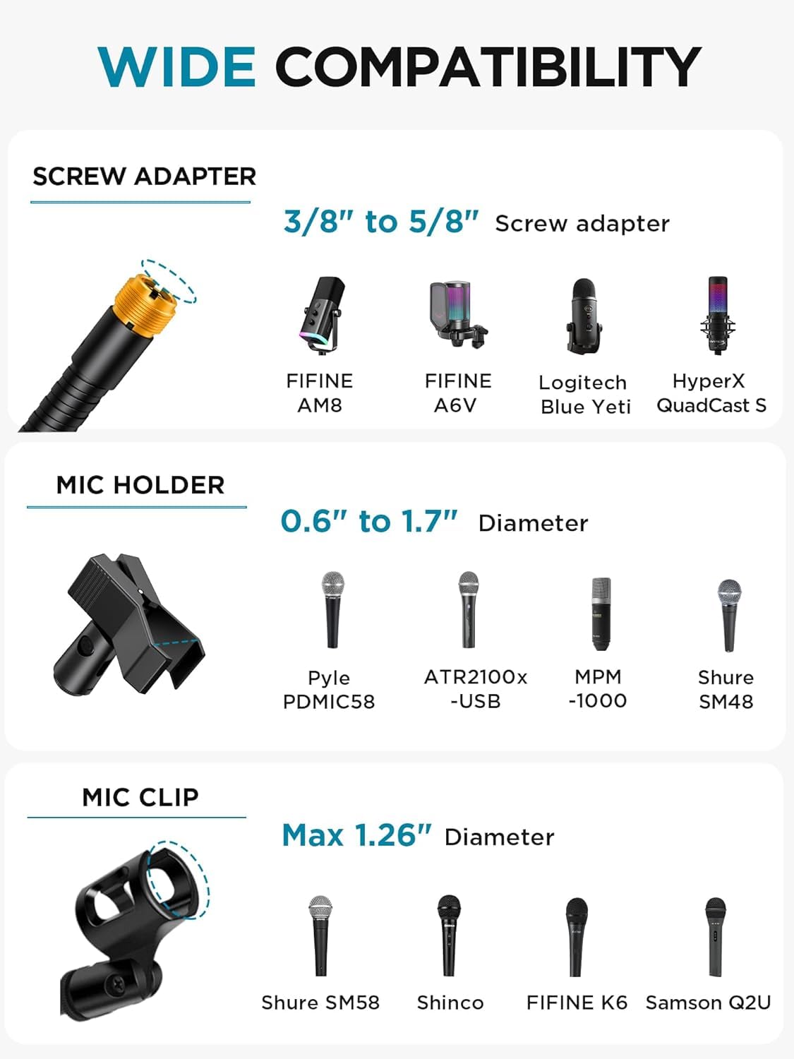 Trépied pour micro - Réglable - Compatible avec Blue Yeti Shure SM58 SM57 SM48 Samson Q2U Fifine K6 K688 AM8