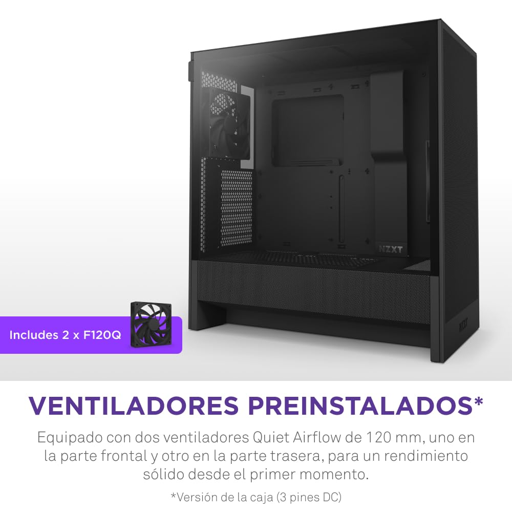 NZXT H5 Flow - Caja PC Semitorre ATX Compacta - Negro | Semitorre compacta con 2 ventiladores de 120mm, soporte de radiador frontal de 360mm y vidrio templado. Ideal primer montaje.