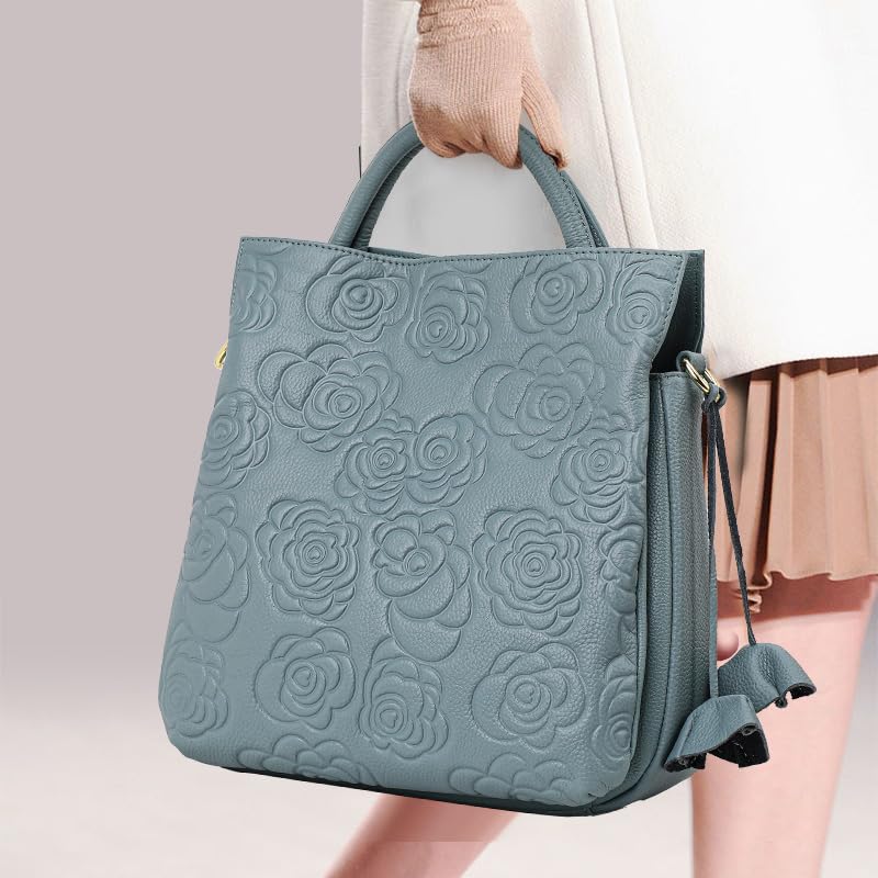 Genuine leather cowhide women's handbag rose camellia embossed large capacity detachable shoulder strap storage tote bag3
