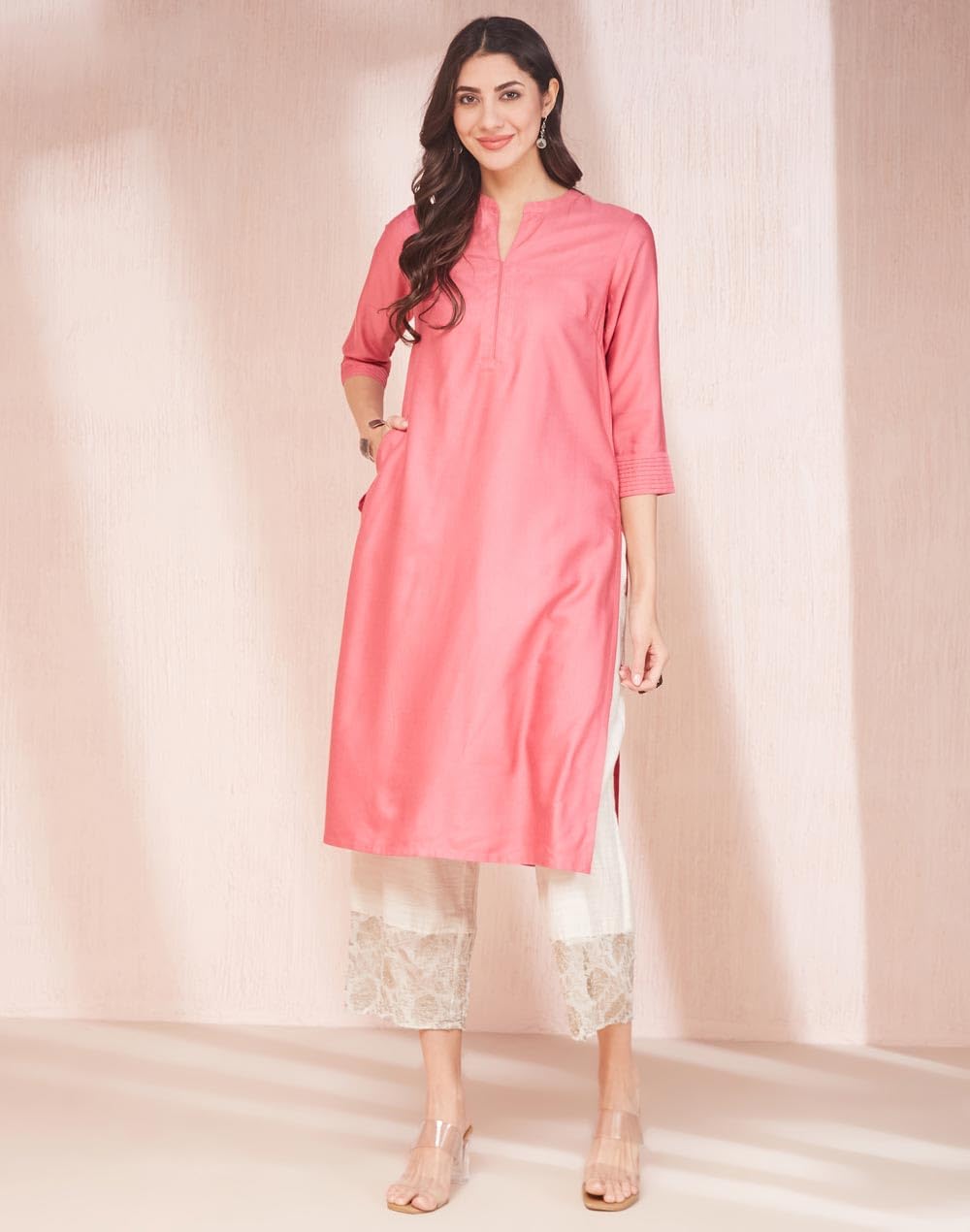 Fabindia Women's Viscose Silk Solid Regular Kurta (1038026Pink_Pink