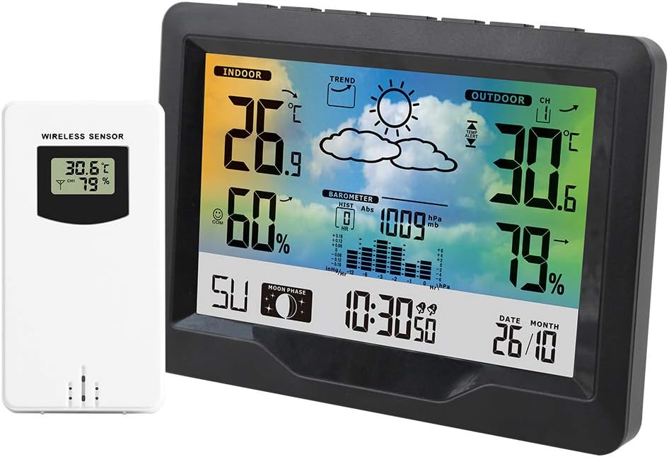 FixtureDisplays® Weather Station with Jumbo Display and Atomic Clock 6.4X4.5X1.3" Size Weather Forecast Moon Phase Barometer 15280-2D