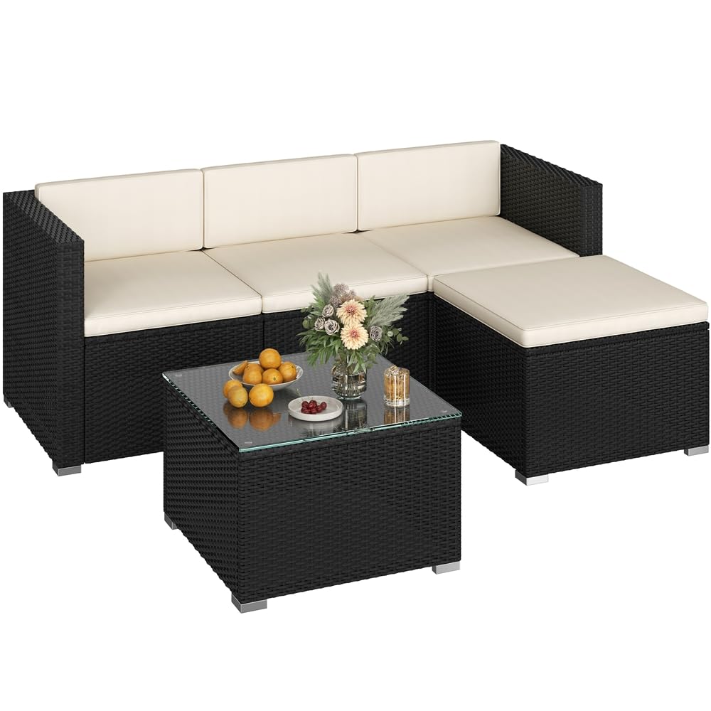 Yaheetech Salon de Jardin Exterieur 4 Personnes en Polyrotin Ensemble Mobilier de Jardin 5 Pièces avec 3 Canapé Modulables 1 Table Basse 1 Ottomane pour Balcon Bistro Patio Terrasse Noir/Beige
