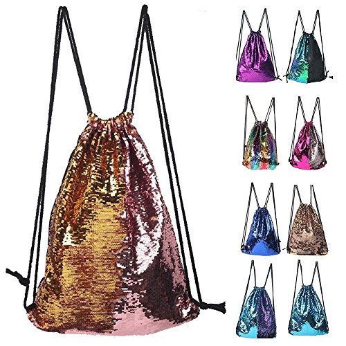 Glitter Sequins Backpack Drawstring Backpack Sackpack Outdoor Shoulder Bag for Travel Shopping Sport (Pink Gold)