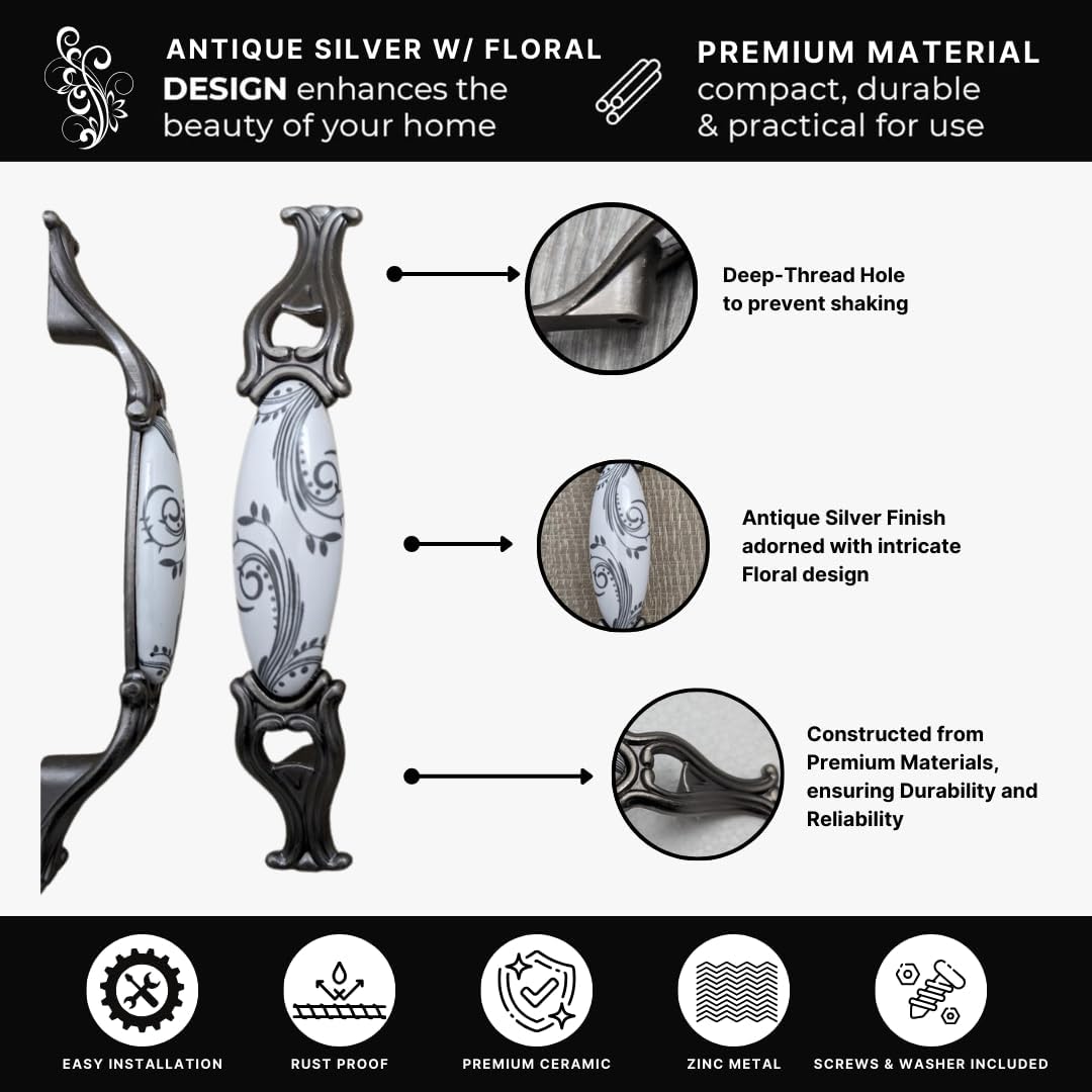 10 pcs Antique Silver Gray Floral Cabinet Handles with 3 3/4 inch Hole Centers for Cabinets, Drawers, Dressers, Vanities, Closets