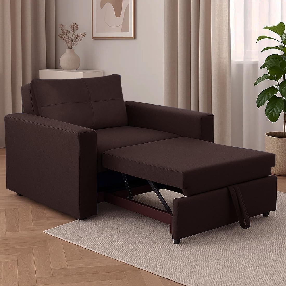 FURNY Soria 1 Seater Pull-Out Premium Fabric Sofa Cum Bed Sofa Set for Living Room (Brown Fabric) FURNY Soria 1 Seater Pull-Out Premium Fabric Sofa Cum Bed Sofa Set for Living Room (Brown Fabric)