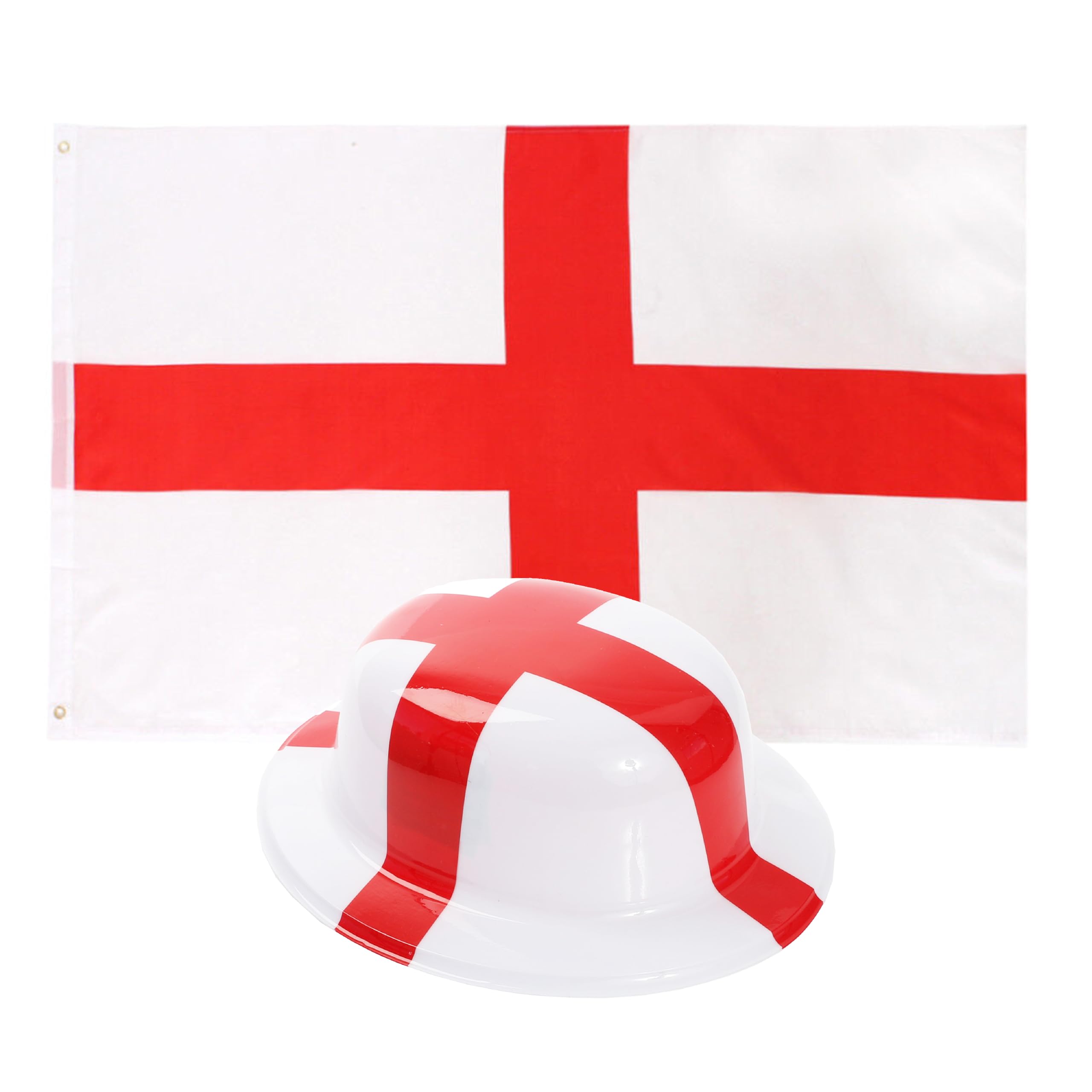 England Sports Supporters Set - 5ft x 3ft St George's Cross Flag and White & Red English Flag Plastic Bowler Hat - Adults Football Rugby St Georges Day Fancy Dress Accessory Set