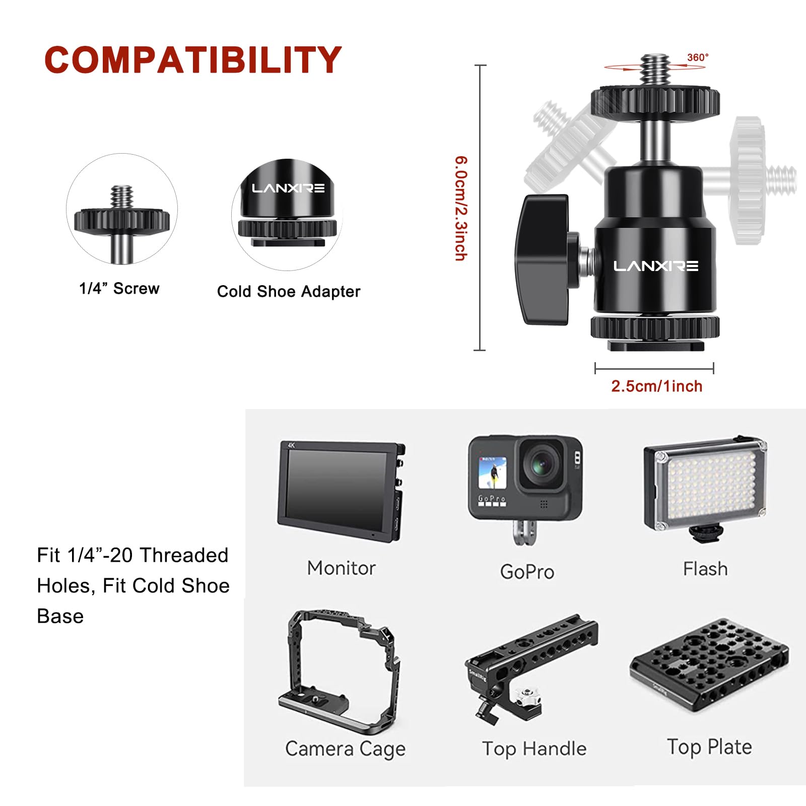 Super Klemmhalterung mit Mini-Kugelkopf-Adapter und 1/4-Zoll-Buchse auf 5/8-Zoll-Außengewinde-Adapter für Mikrofon, LCD-Feldmonitor, Blitzlicht LED-Lichter etc