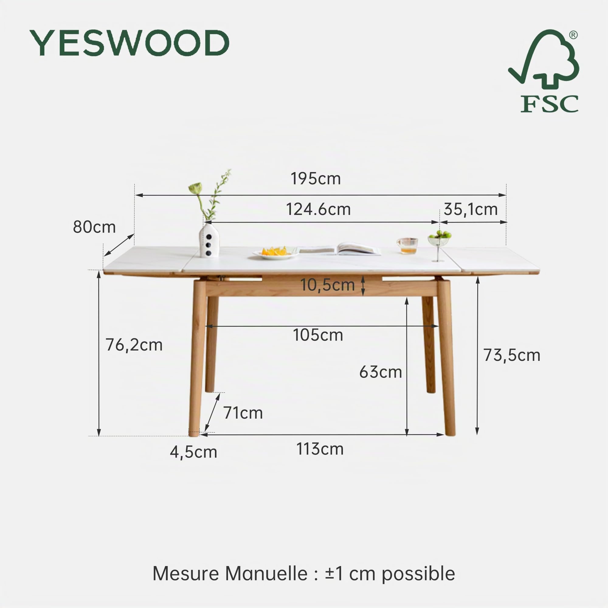 YESWOOD Table à Manger Extensible pour 2 à 6 Personnes, Chêne Massif