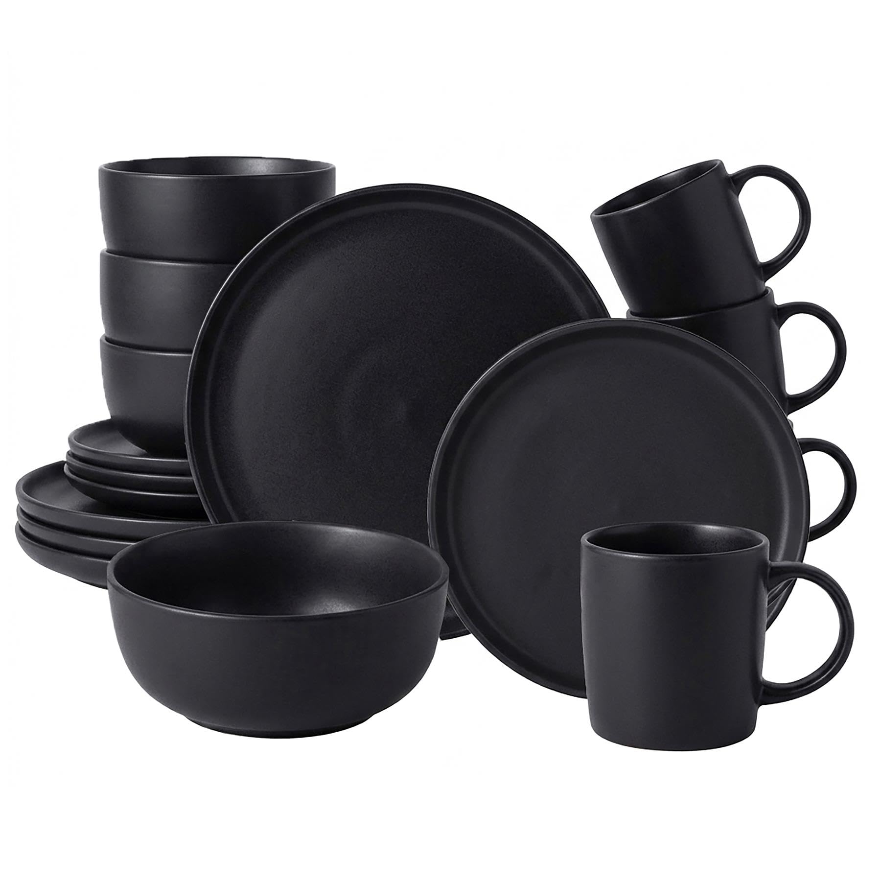 simpa 16PCS Époque Matt Black Glaze Stoneware Dinner Set: 4 Dinner Plates, 4 Side Plates, 4 Bowls & 4 Mugs. Dishwasher & Microwave Safe.