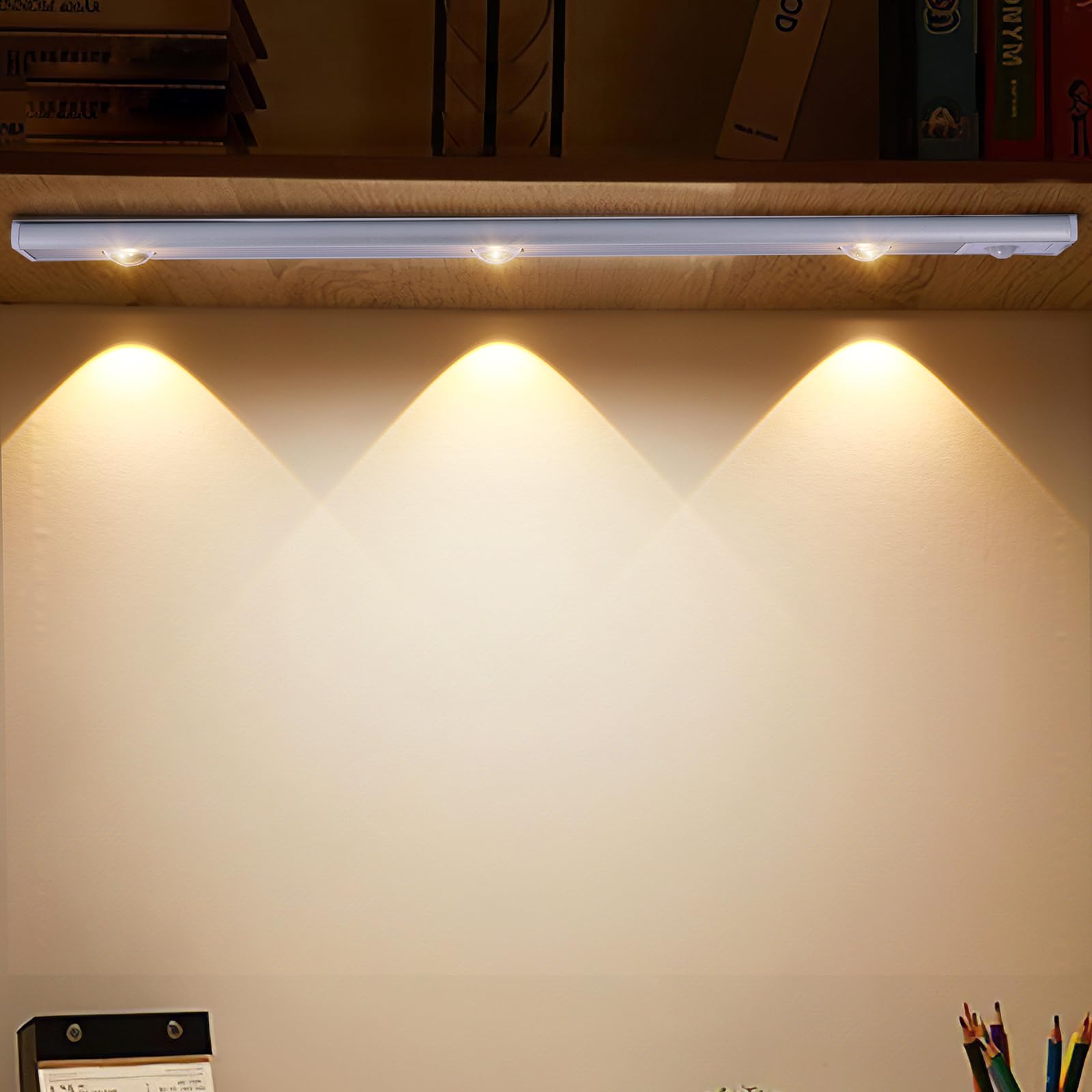 YUNYODAUnder Cabinet Kitchen Lights, LED Motion Sensor Dimmable Cupboard Lights, Battery Operated Wardrobe Lighting Cabinet Lights with Magnetic Strip for Wardrobe, Closet, Stairs, Hallway (40cm)