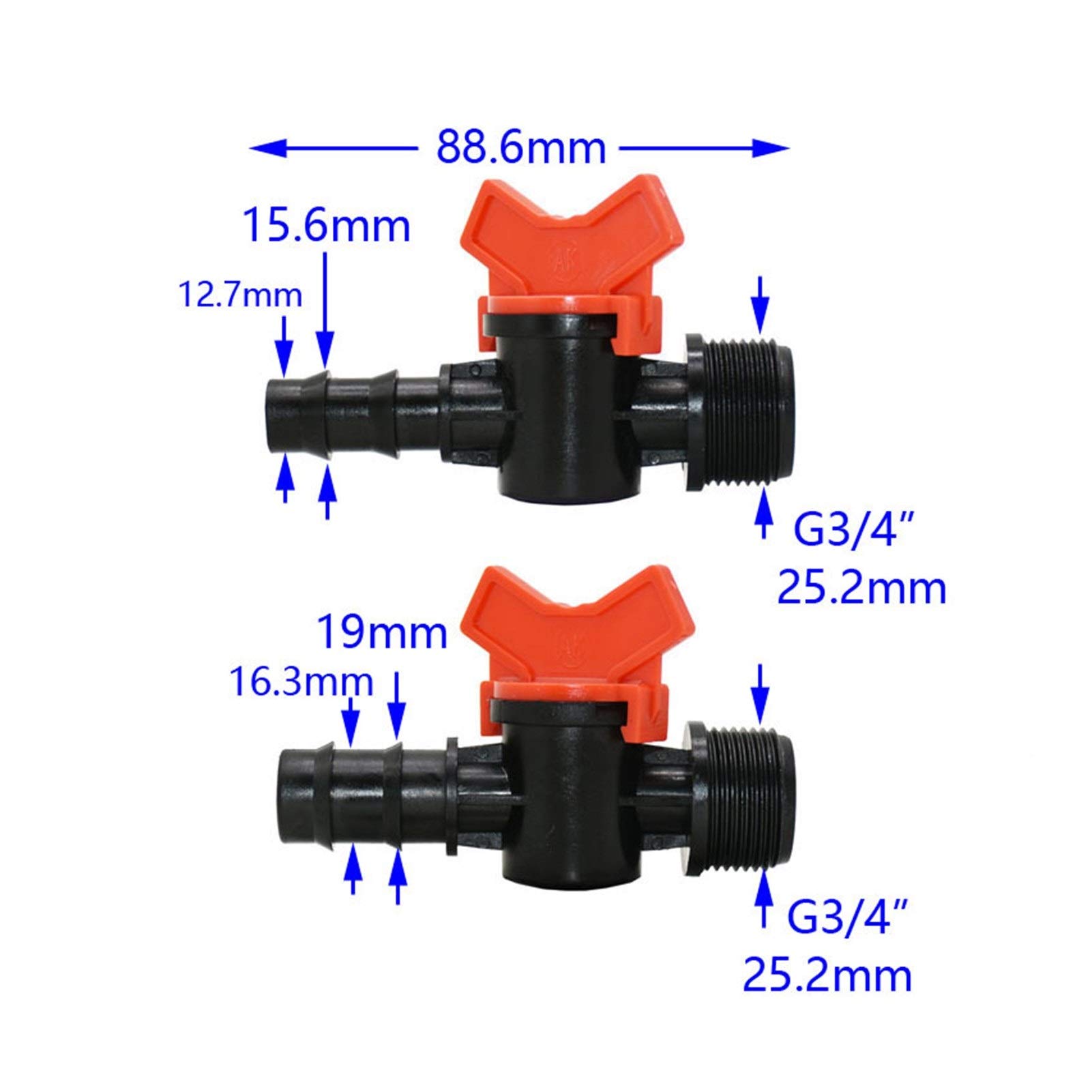Adaptador de Conector de válvula de riego para Manguera de 16 mm y 20 mm a Manguera de jardín con Rosca Externa de 3/4 de Pulgada y 1/2 Pulgada y 3/4 de Pulgada.