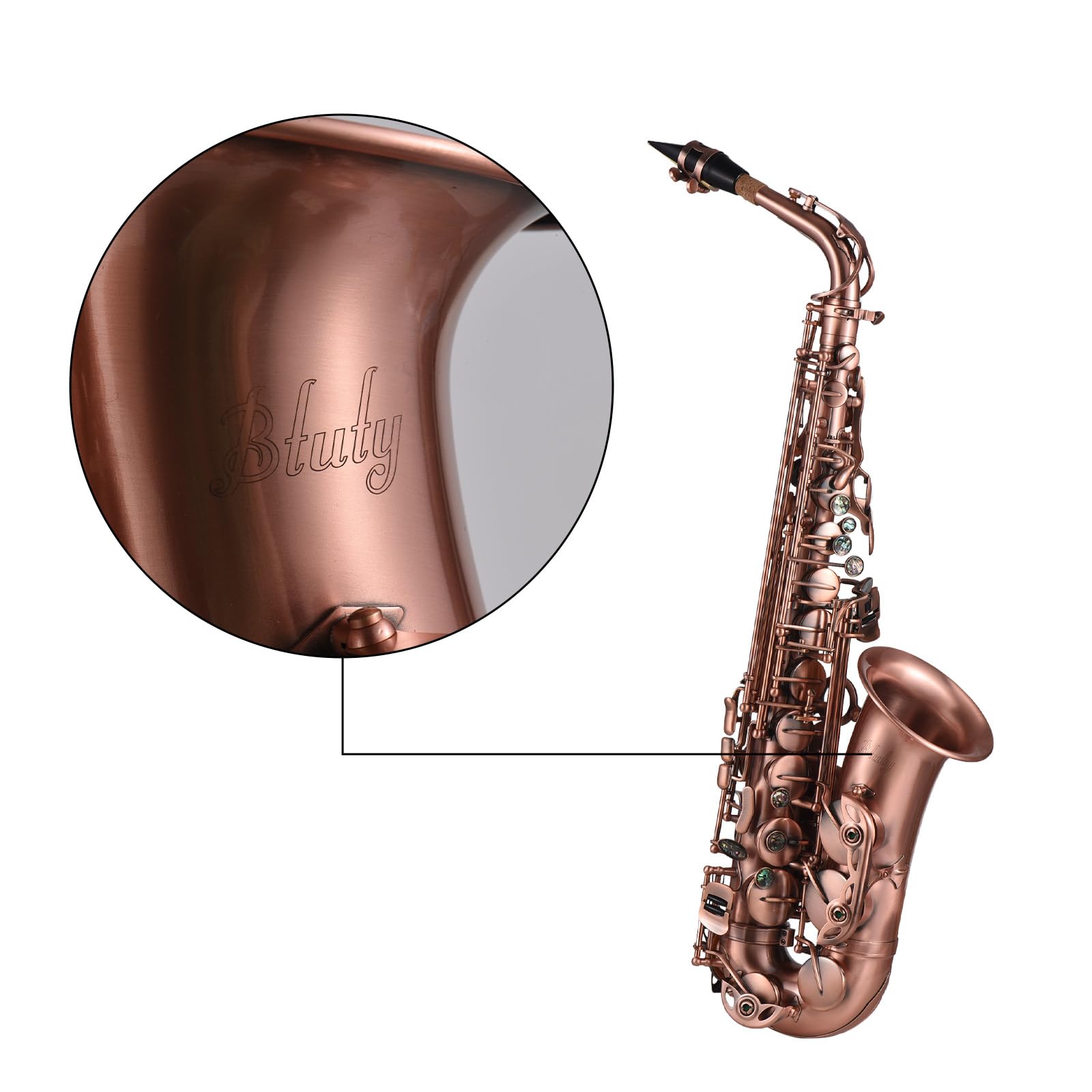 Saxophone alto E-Flat Red Bronze, F#, incrustations clés coquille d'ormeau, coussinets cuir résistant eau, livré étui, gants, chiffon nettoyage, sangles, brosse