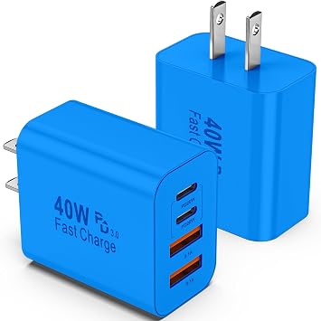 USB C Charger Block, 2 Pack 40W 4-Port iPhone Charger Fast Charging Multiport PD 3.0 & QC 4.0 Double Quick Charge, Compatible with iPhone 17/16/15/14/13/12/11,Pro Max,iPad, Samsung 2, Blue