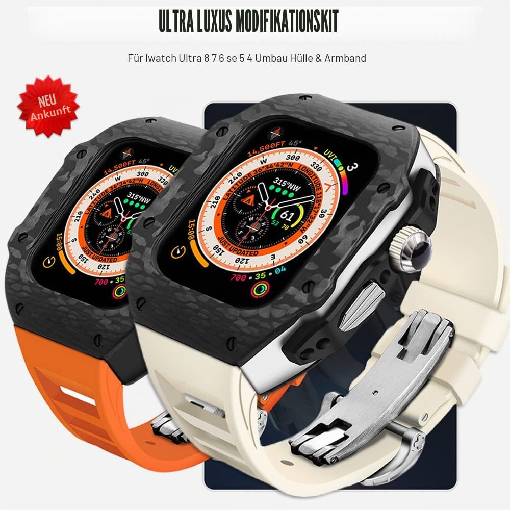 Luxuriöses Modifikationsset für Apple Watch Ultra 49 mm Karbonfaser-Gehäuse für iWatch 8 7 6 5 4 SE 45 mm 44 mm Fluor-Gummiband, 49 mm, Achat