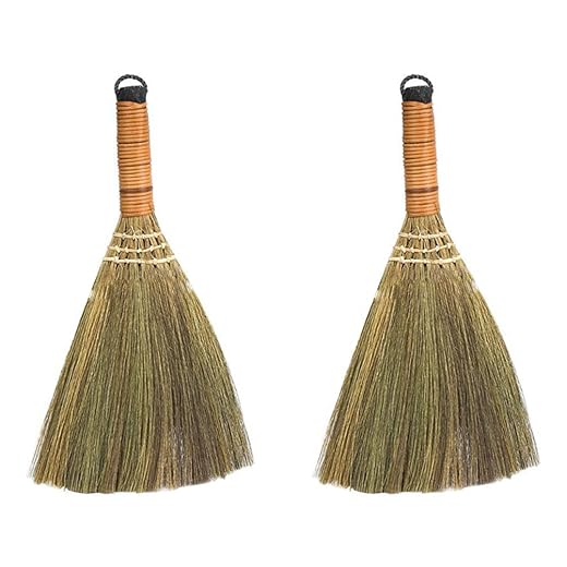 USHOBE 2pcs Natural Grass Asian Duster Whisk Broom Dustpan Brush Wooden Handmade Thai Sweeper Soft Straw Broom Cleaning Broomstick for Dusting Sweeping Garbage
