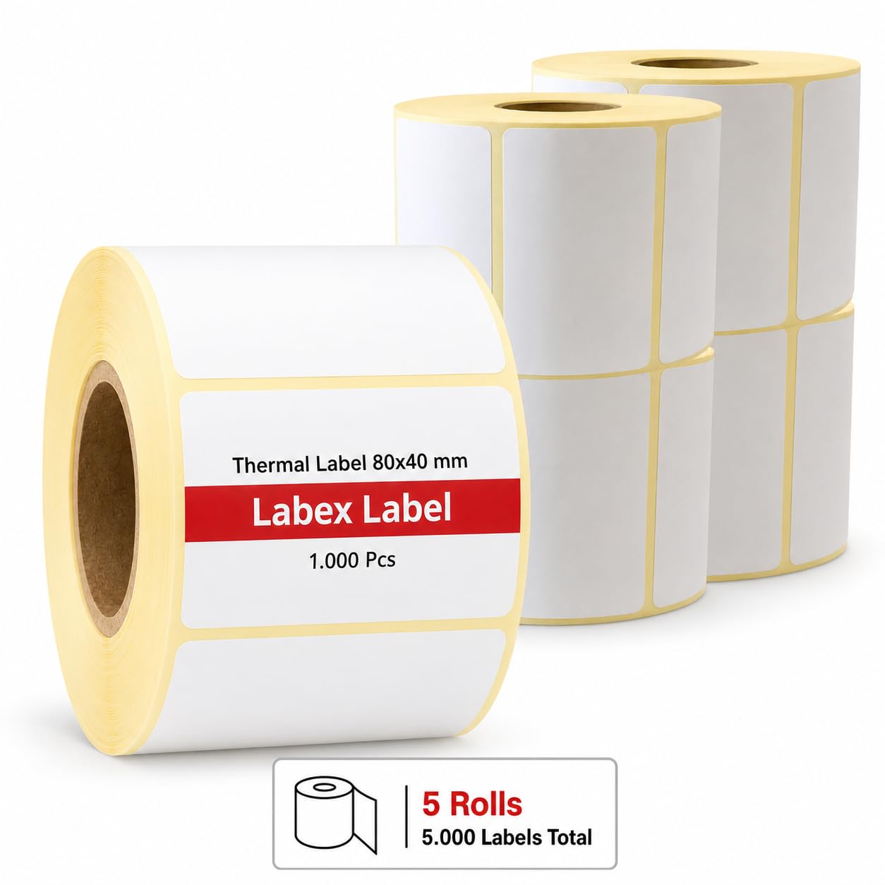 Etichette termiche 80x40 mm su rotolo – Rotoli Etichette Magazzino Confezione Risparmio – 5 rotoli 5000 etichette – Senza nastro – TSC Godex compatibili – Labex Label
