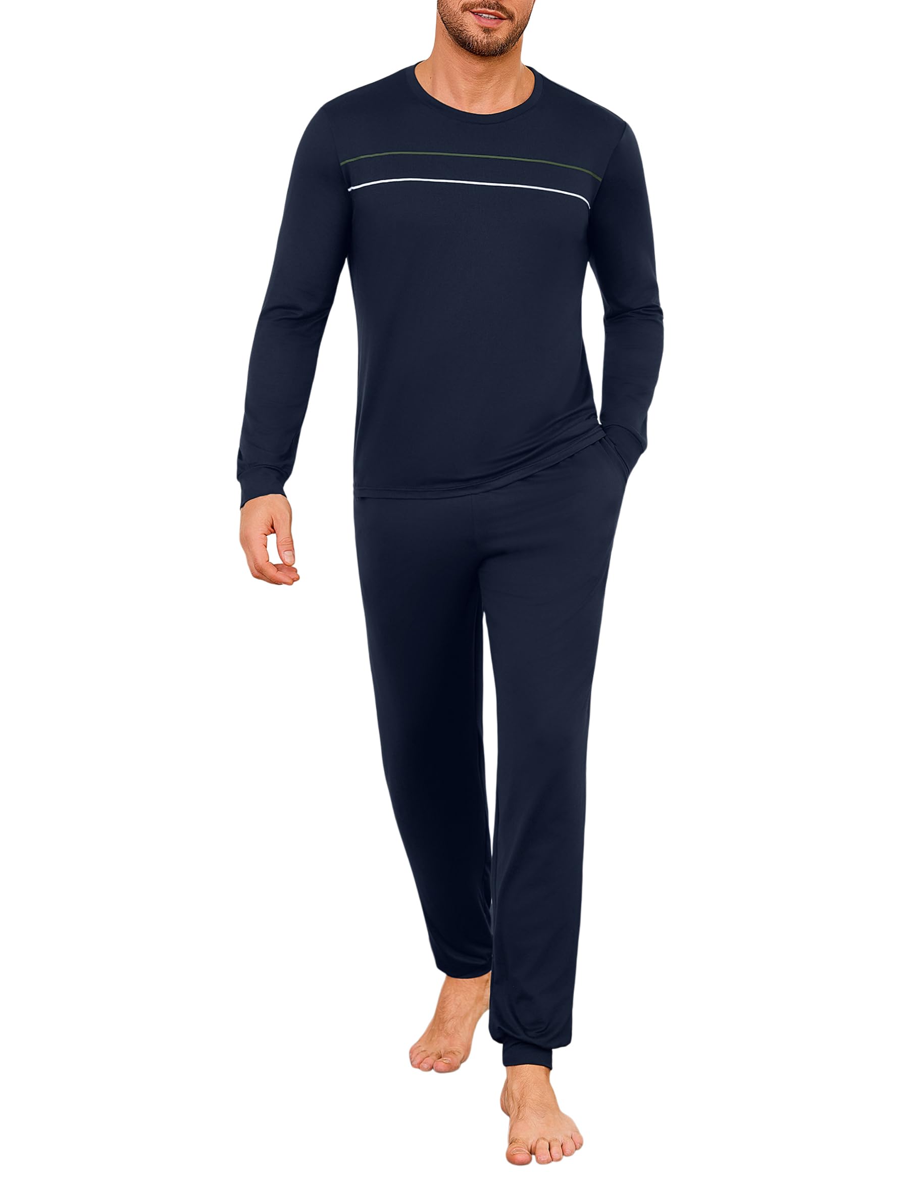 Marvmys Herren Schlafanzug Lang Winter Baumwolle Pyjama Set Rundhals Taschen Verstellbarer Bund Bequeme Nachtwäsche