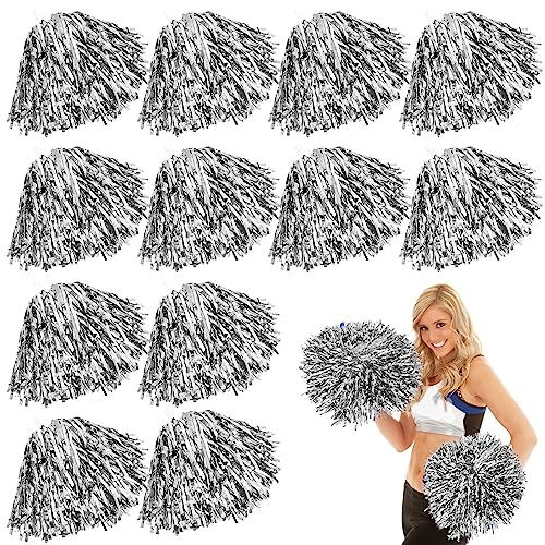 12 pompones de animadora: pompones de animadora con asas, pompones bonitos pompones de animadora, cintas de flores metálicas, para competición deportiva, danza, animadores, adultos, niños