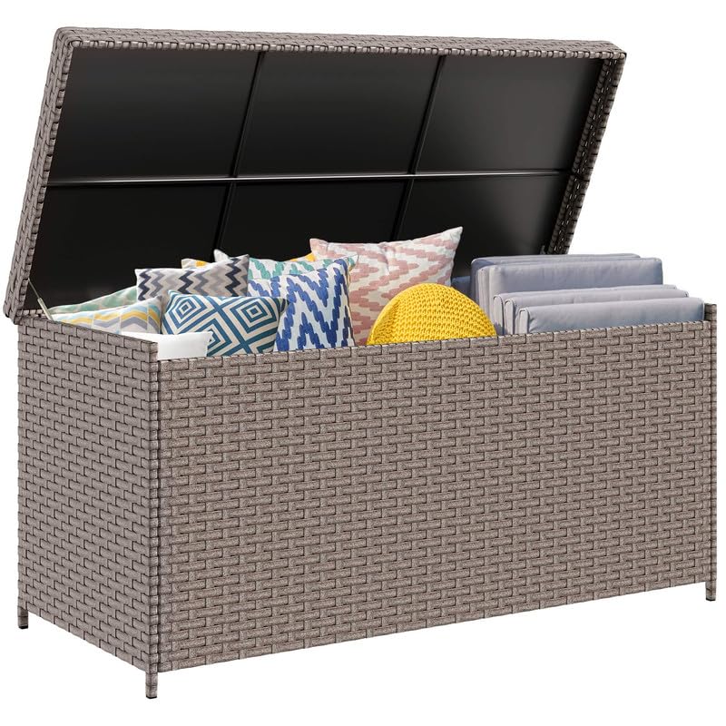 DWVO 260 Gallon Outdoor Deck Box, XXL All-Weather Wicker Storage Box, Extra Large Rattan Storage Bin for Patio Furniture, Outdoor Cushions, Pool Storage and Garden Tools (Brown)