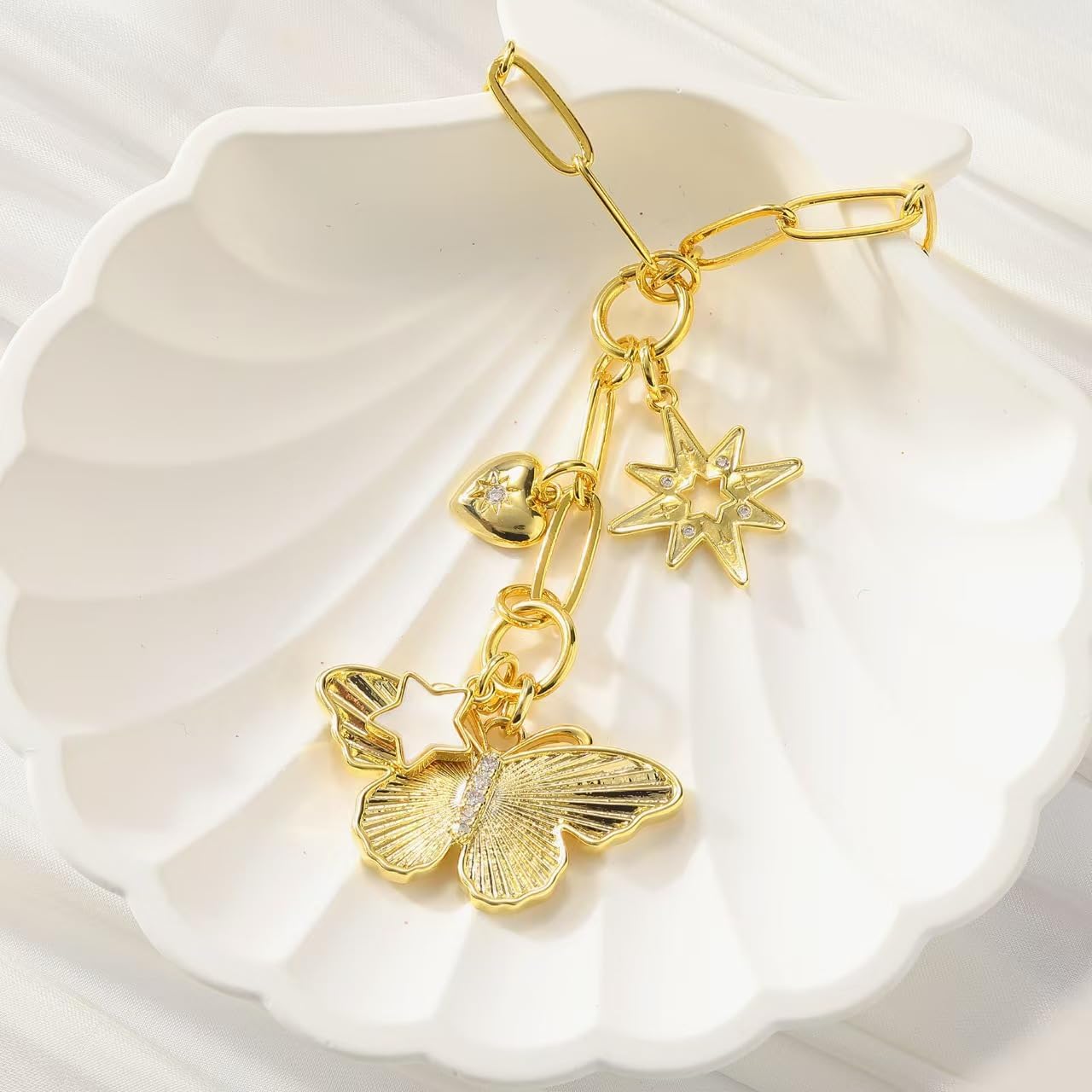 Charm Chunky Heart Butterfly Pendant Necklace Gold Plating Paperclip Chain for Women