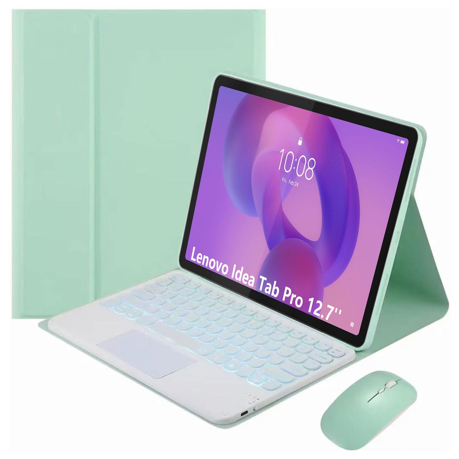 Funda con Teclado para Lenovo Idea Tab Pro 12,7 Pulgadas, Modelo 2025 (TB373FU/TB375FC), Español Ñ Teclado Bluetooth Panel Táctil Desmontable Y Retroiluminación 7 Colores con Ratón,Mint Green