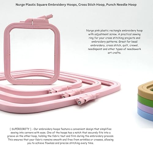 Miniatura 4 de Nurge Aro de bordado cuadrado de plástico rosa pequeño (No 2), aros de punto de cruz, aro de aguja de perforación, costura de manualidades, aros de