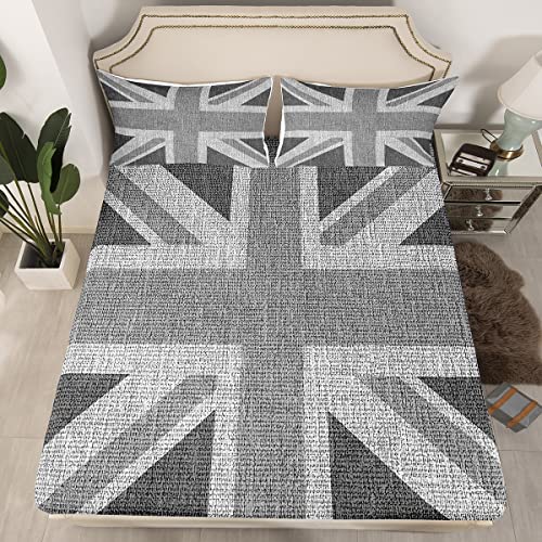 Loussiesd United Kingdom Flag Bed Sheet Set Union Jack Bedding Set Grey UK Flag Fitted Sheet For Kids Adults Geometric No Flat Sheet Ultra Soft King Size