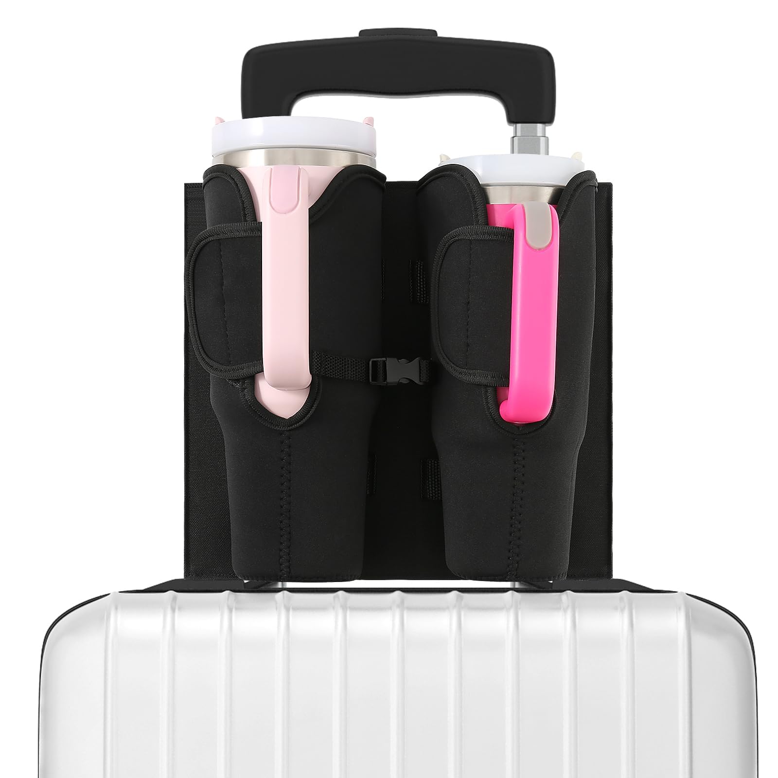 Luggage Cup Holder for Suitcases, Compatible with 30-40 Oz Stanley Tumblers, Foldable Luggage Cup Holder with Phone &amp; Ticket Pocket, Waterproof Hands-Free Travel Accessory (Black)