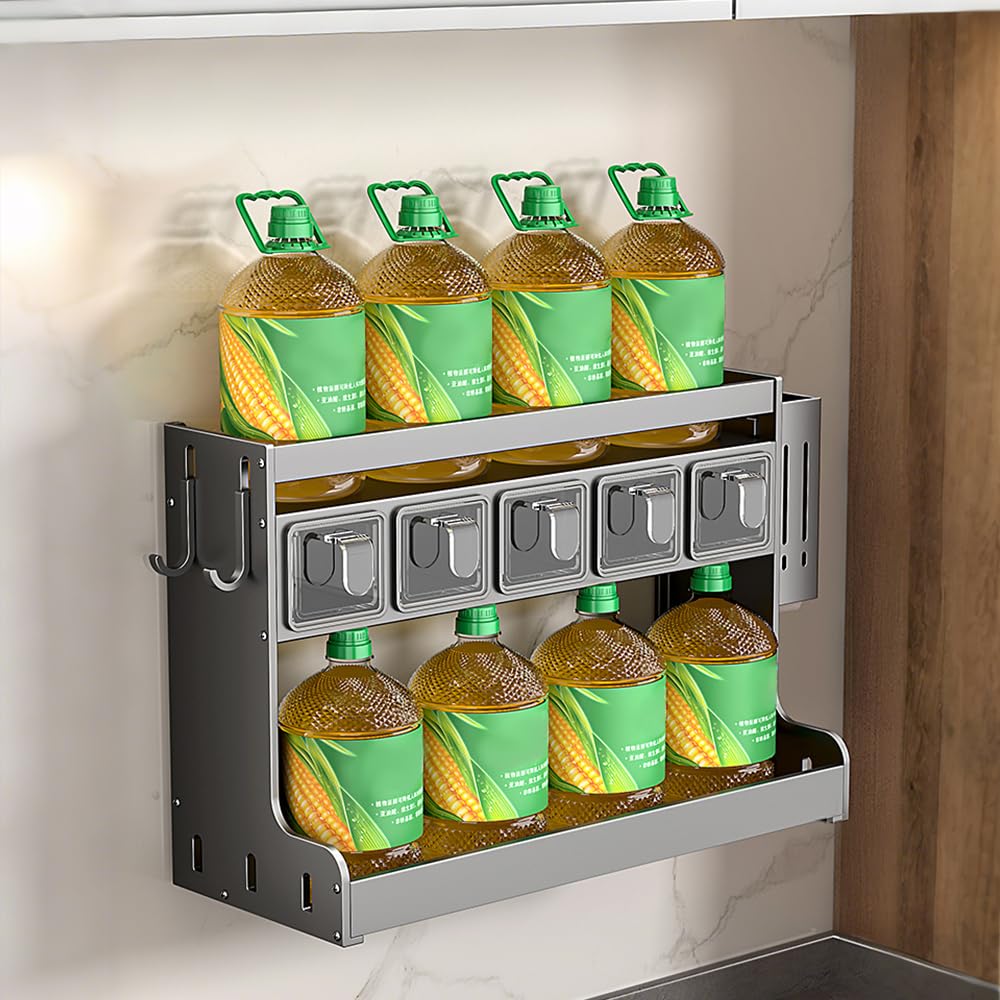 Mensola da Cucina per Condimenti, Portaspezie a Parete con Ganci e Supporto per Utensili, Organizzatore per Barattoli di Zucchero, Sale, Pepe, Olio (4 Scatole)