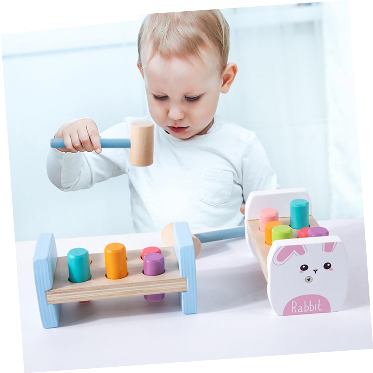 Milisten 1 Set Rabbit Pile Driving Table Cognition Knock Hammering Plaything Funny Knocking Plaything Hammering Wooden White