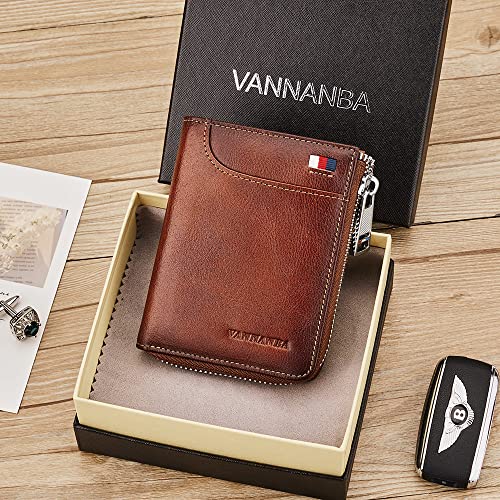 VANNANBA Wallets for Men Genuine Leather,Slim Zipper Mens Wallet RFID Blocking with Front Pocket2