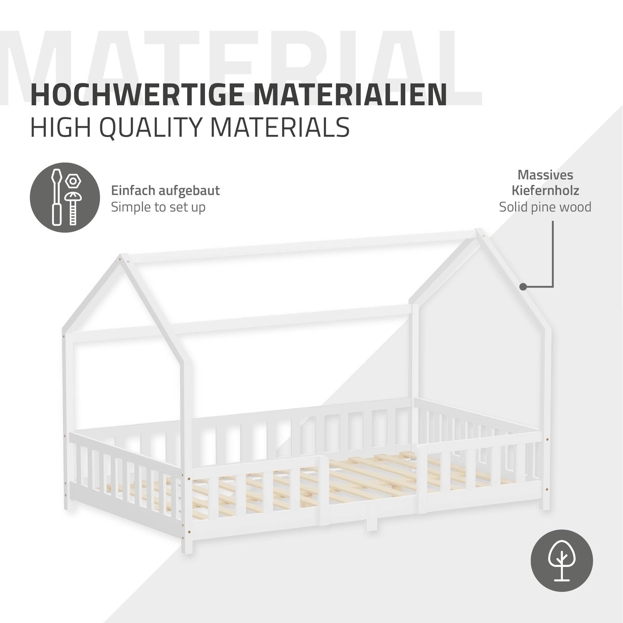 ML-Design Letto a Casetta per Bambini 120x200 cm Una Piazza e Mezza con Protezione Anticaduta, Tetto e Rete a Doghe, Bianco, Letto Montessori a Terra in Legno Massello di Pino, per Cameretta