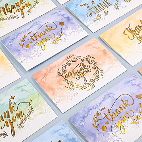 72 Pieces Watercolor Thank You Cards with Envelopes and Stickers Set 6 Designs Gold letter Greeting Note Cards Thank You Envelopes Round Envelope Seal Stickers for Wedding Graduation Baby Shower - Image 4