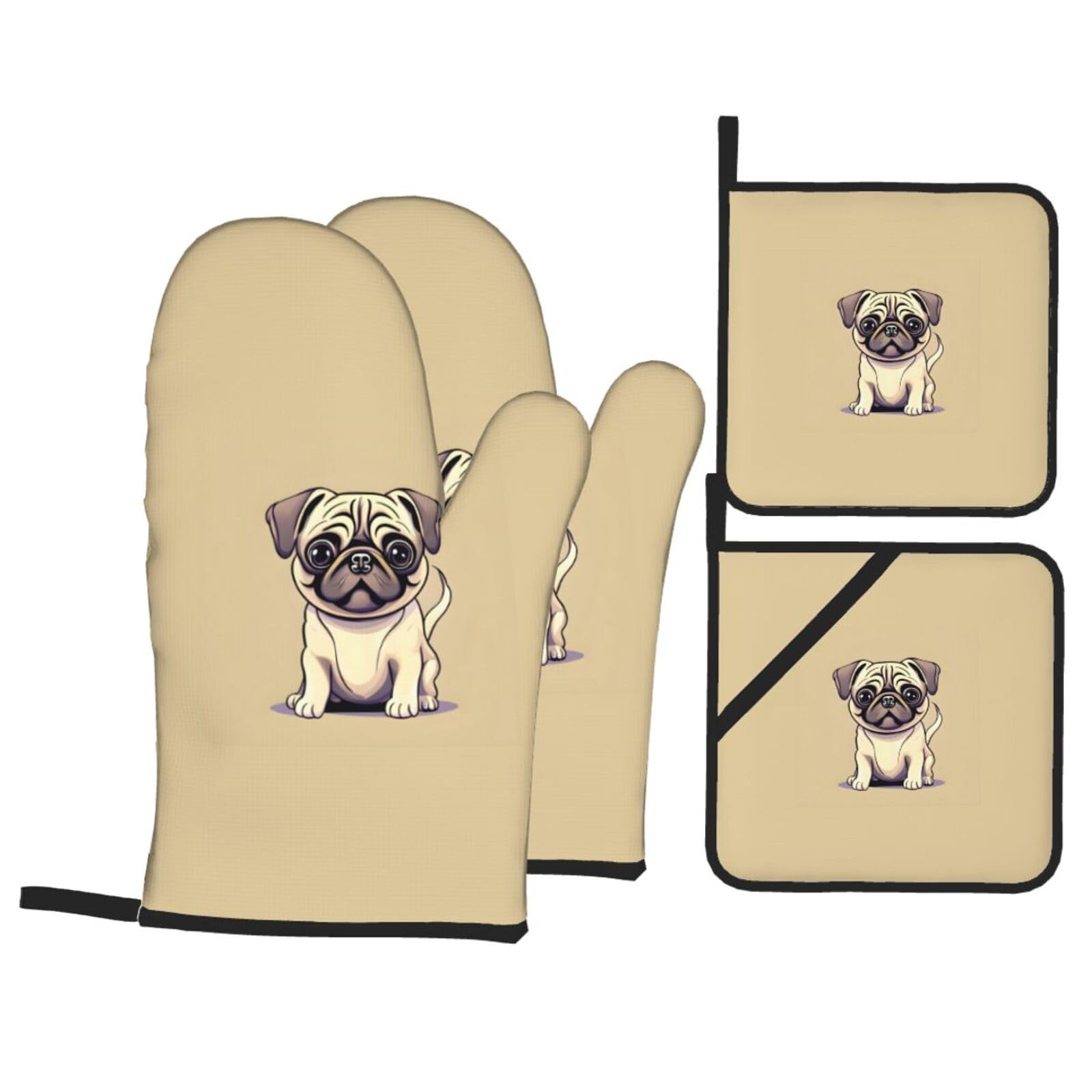 Funny Cartoon Pug Puppy Dogs Print 4-Piece Heat-Resistant Oven Waterproof Kitchen Gloves Cooking Roasting Essential