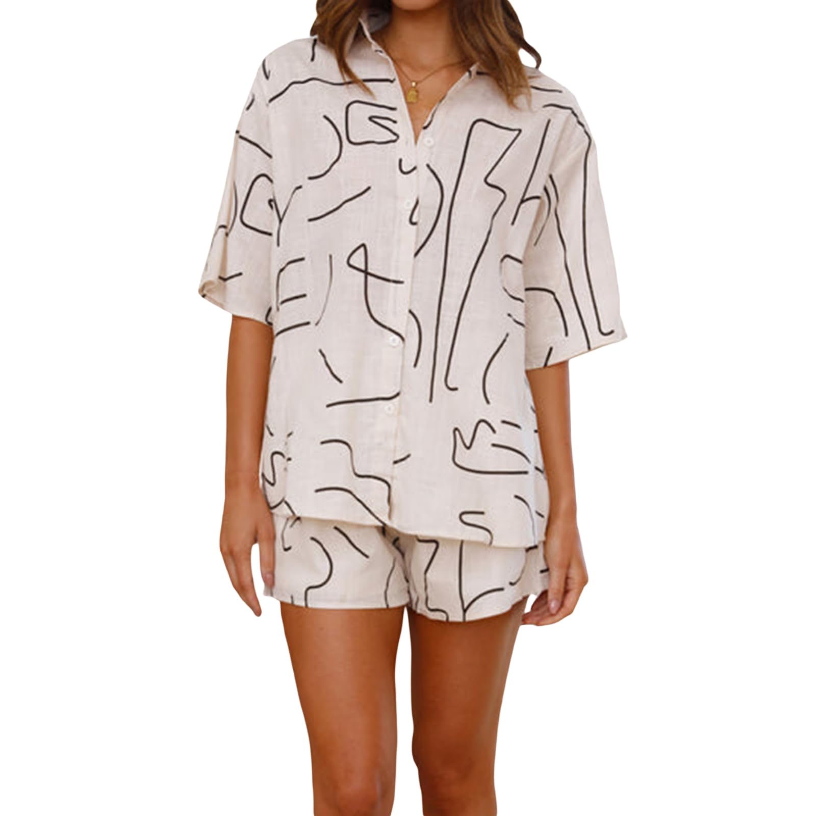 Women's Oversized 2 Piece Outfits Fashion Printed Short Sleeve Button Down Shirt Shorts Co Ord Set Summer Streetwear Beachwear (V-White Black, L)